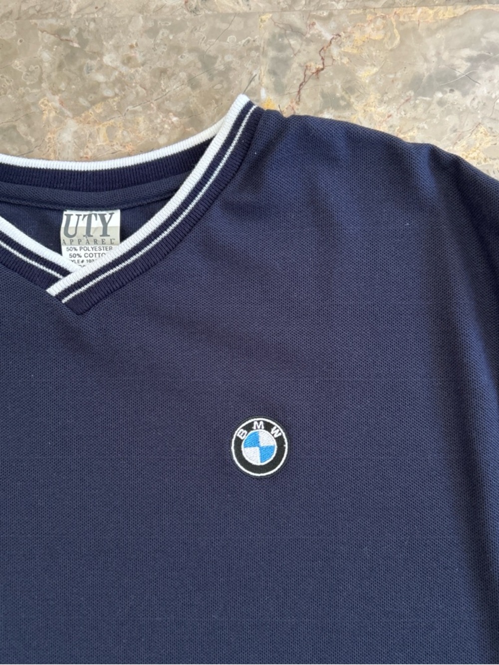 Vintage 2000s BMW UTY Apparel V-Neck Shirt 2XL Made USA Navy - Picture 2 of 4